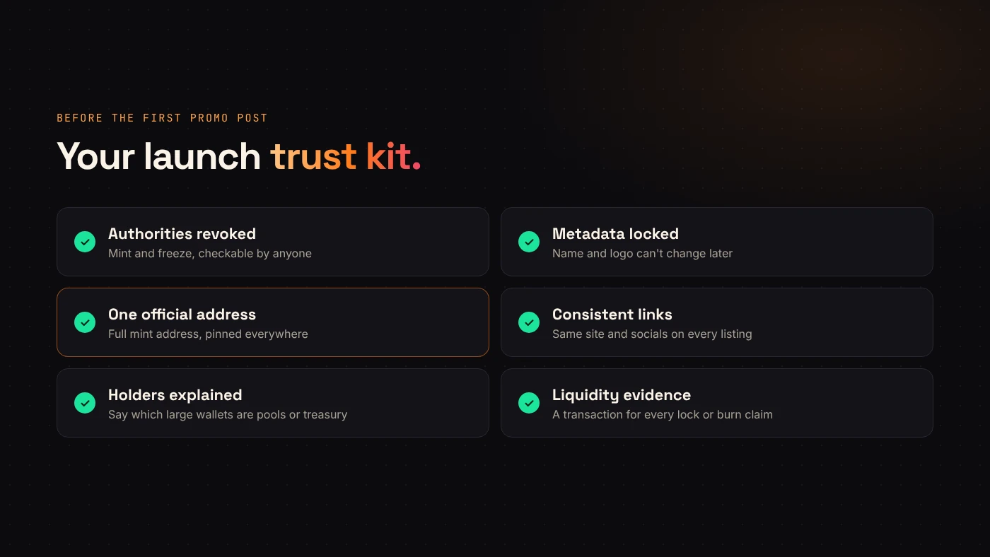 A trust checklist for a Solana launch: revoked authorities, locked metadata, one official address, consistent links and liquidity evidence.
