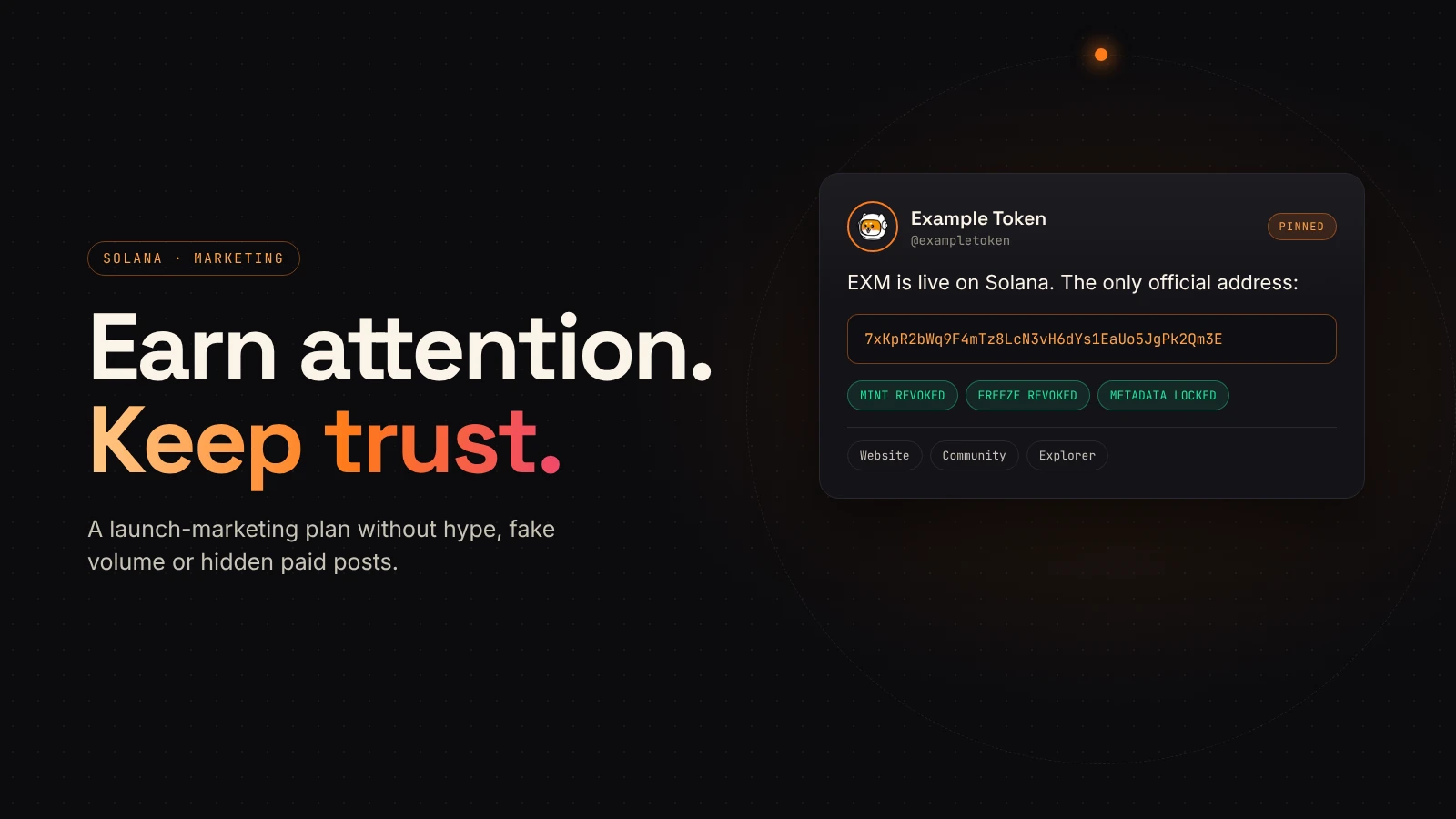 A launch post card with an official mint address, verified links and trust signals for a Solana token.