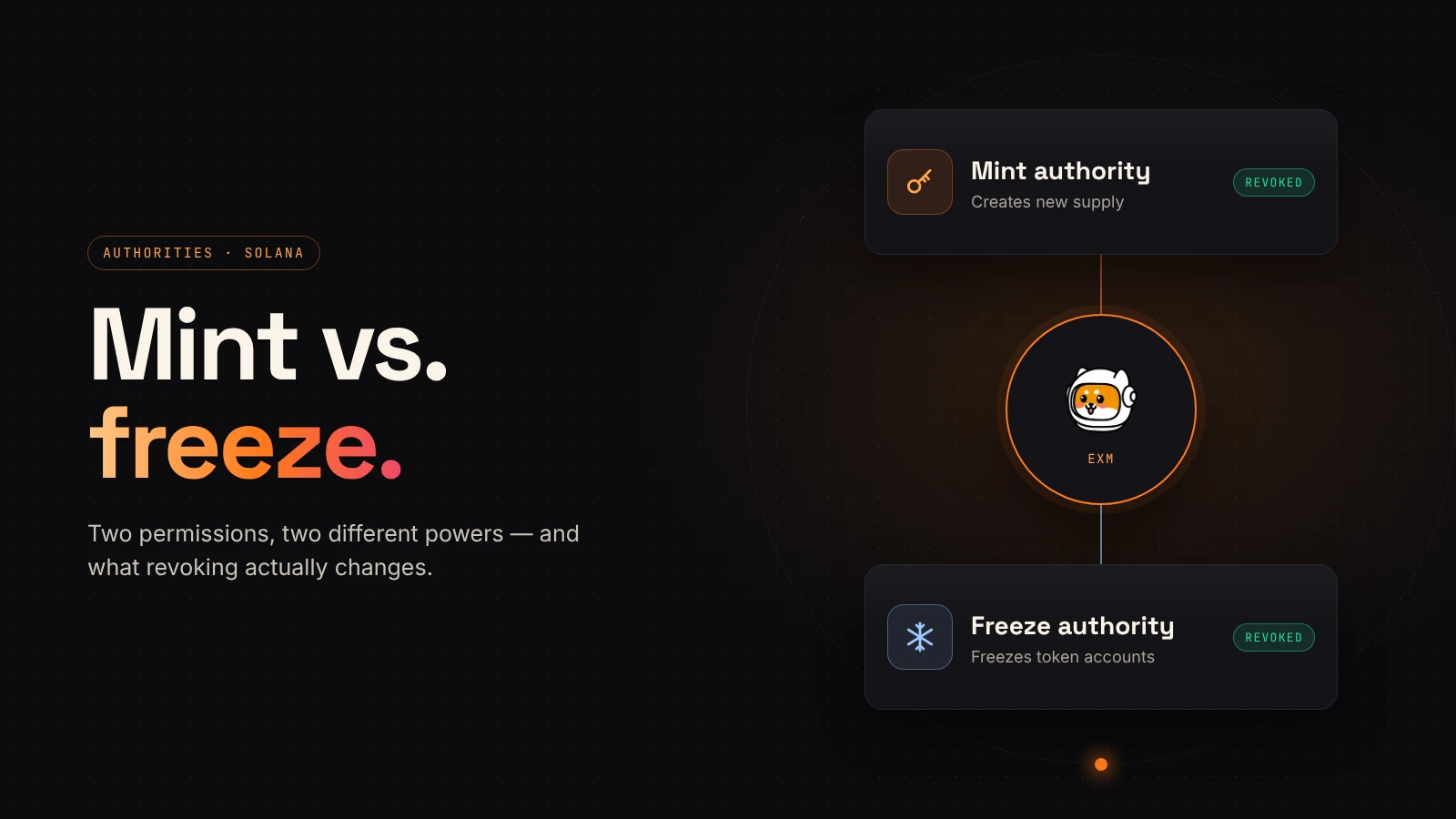 A token sits between two permission cards, mint authority and freeze authority, both marked revoked.