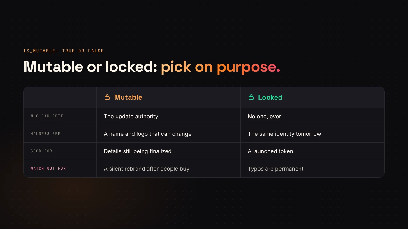 A side-by-side comparison of mutable and locked metadata: who can edit, what holders can rely on and when each fits.