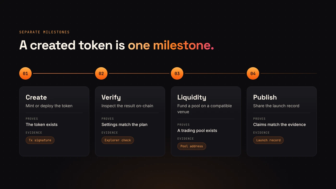 A staged timeline separates token creation, on-chain verification, liquidity setup and publication.