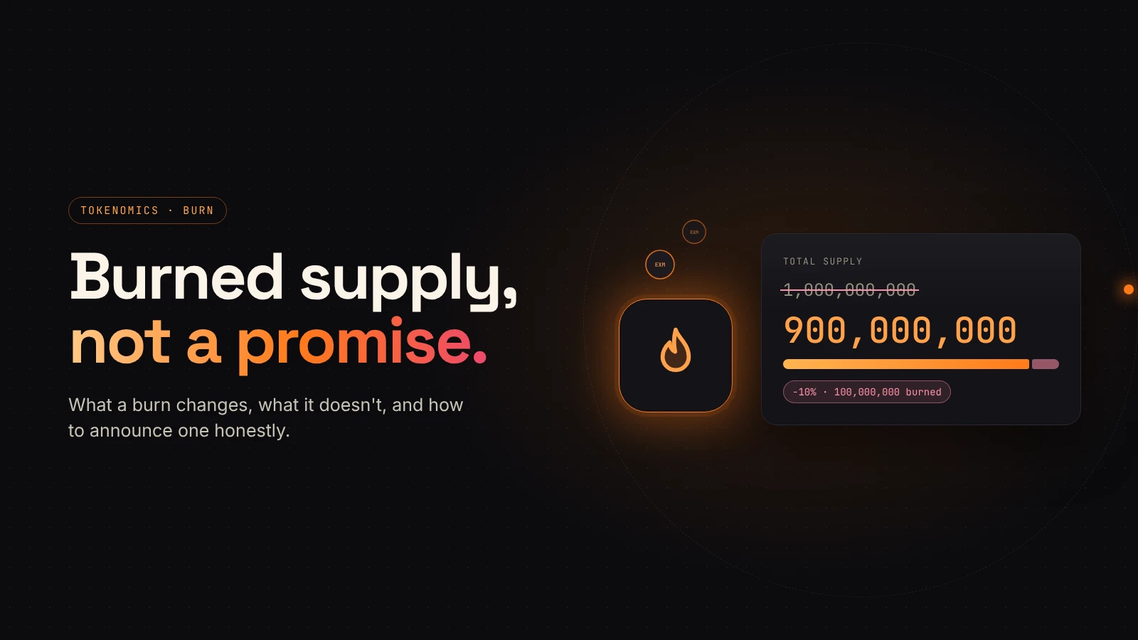 A supply card shows 1,000,000,000 tokens reduced to 900,000,000 after a 10% burn, next to a flame.